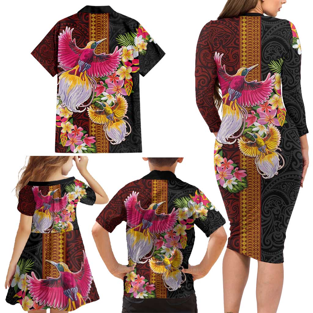 Papua New Guinea Birds and Frangipani Family Matching Long Sleeve Bodycon Dress and Hawaiian Shirt Melanesian Art Tattoos LT03 - Polynesian Pride