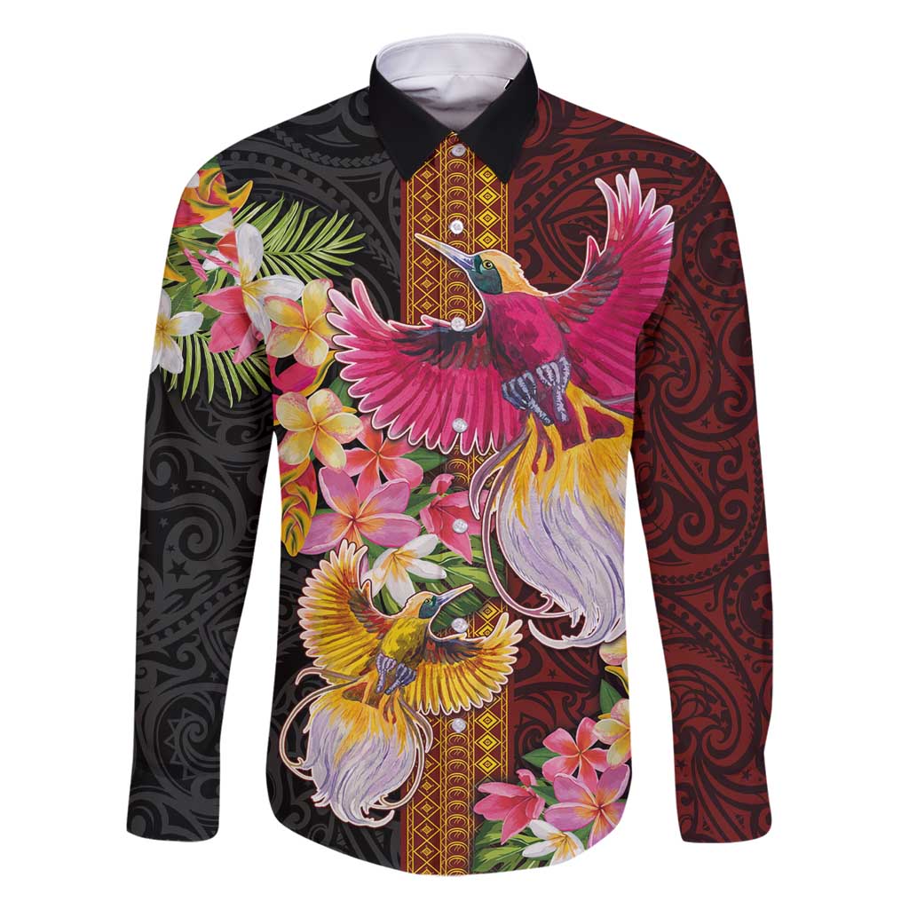 Papua New Guinea Birds and Frangipani Family Matching Long Sleeve Bodycon Dress and Hawaiian Shirt Melanesian Art Tattoos LT03 Dad's Shirt - Long Sleeve Black - Polynesian Pride