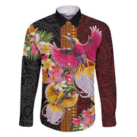 Papua New Guinea Birds and Frangipani Family Matching Long Sleeve Bodycon Dress and Hawaiian Shirt Melanesian Art Tattoos LT03 Dad's Shirt - Long Sleeve Black - Polynesian Pride