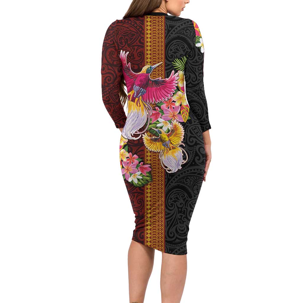 Papua New Guinea Birds and Frangipani Family Matching Long Sleeve Bodycon Dress and Hawaiian Shirt Melanesian Art Tattoos LT03 - Polynesian Pride