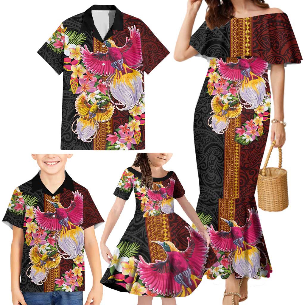 Papua New Guinea Birds and Frangipani Family Matching Mermaid Dress and Hawaiian Shirt Melanesian Art Tattoos LT03 - Polynesian Pride