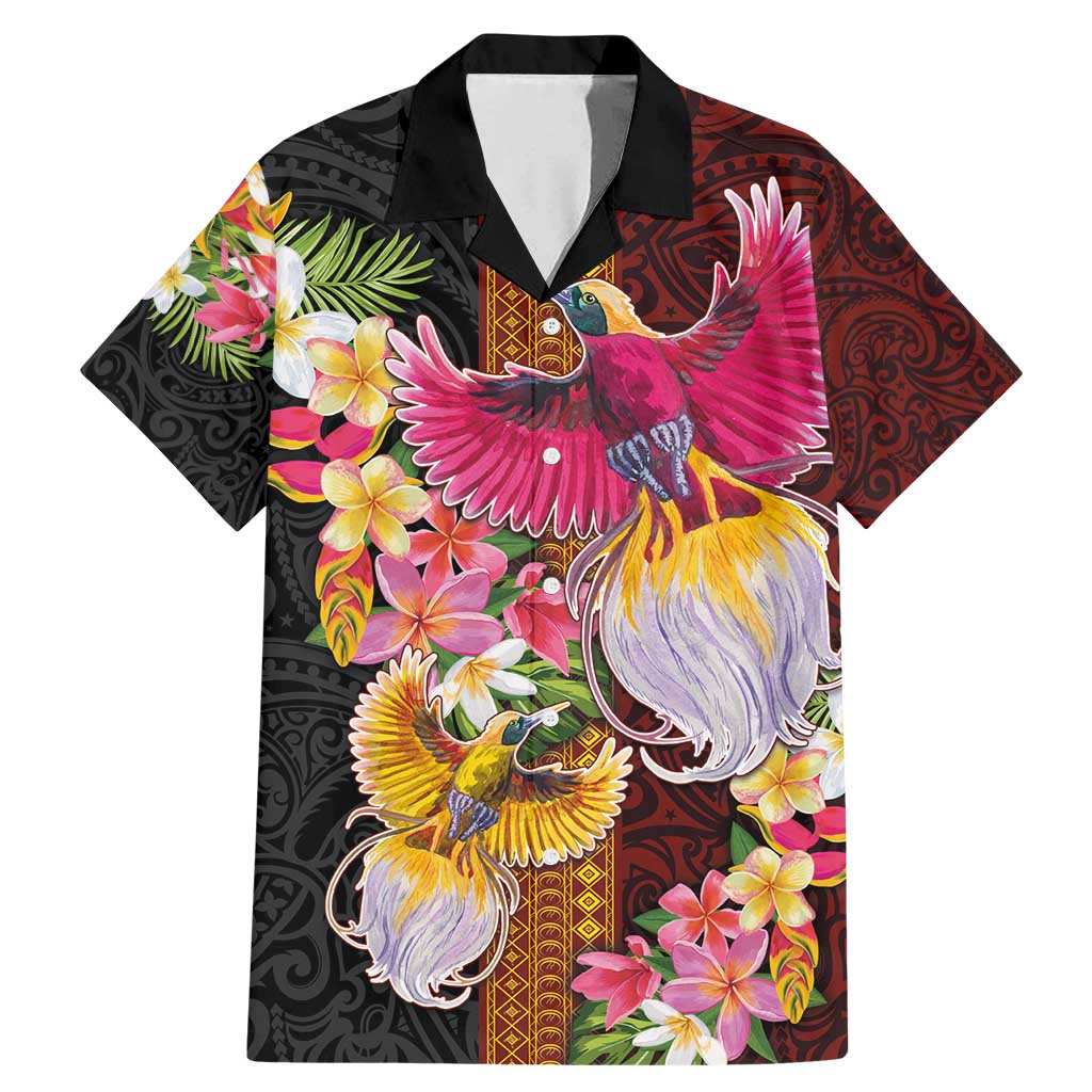 Papua New Guinea Birds and Frangipani Family Matching Mermaid Dress and Hawaiian Shirt Melanesian Art Tattoos LT03 Dad's Shirt - Short Sleeve Black - Polynesian Pride