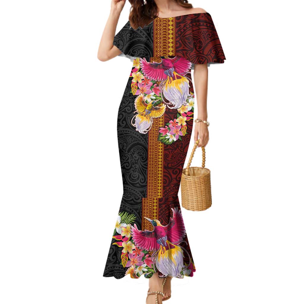 Papua New Guinea Birds and Frangipani Family Matching Mermaid Dress and Hawaiian Shirt Melanesian Art Tattoos LT03 Mom's Dress Black - Polynesian Pride