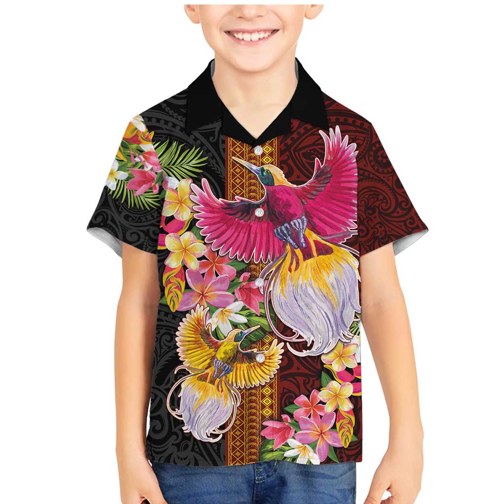 Papua New Guinea Birds and Frangipani Family Matching Mermaid Dress and Hawaiian Shirt Melanesian Art Tattoos LT03 Son's Shirt Black - Polynesian Pride