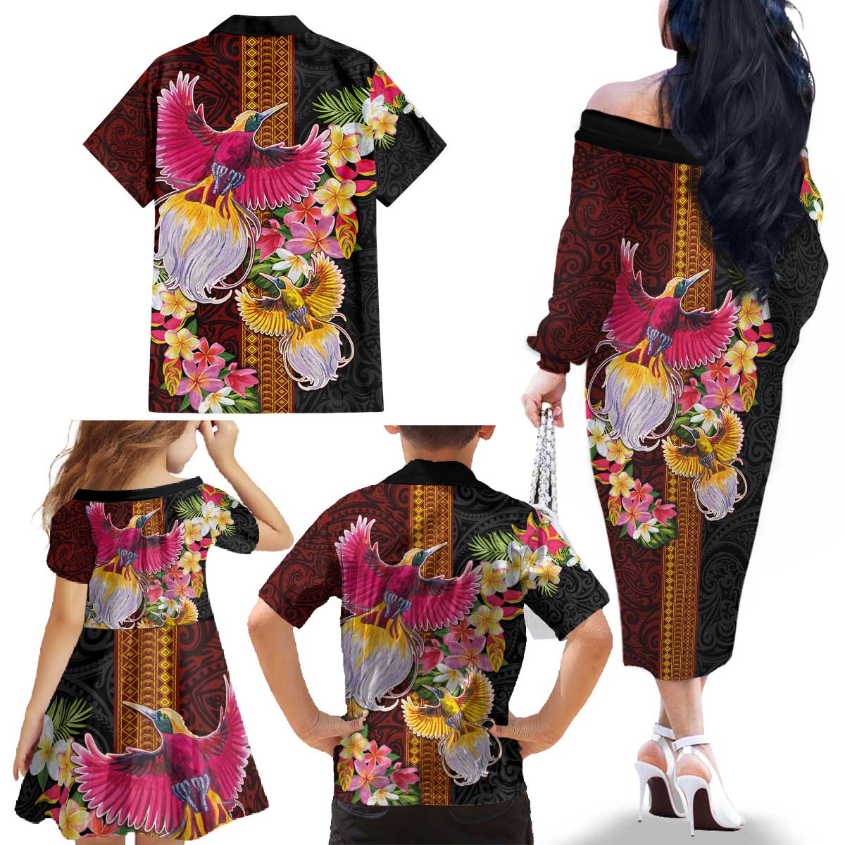 Papua New Guinea Birds and Frangipani Family Matching Off The Shoulder Long Sleeve Dress and Hawaiian Shirt Melanesian Art Tattoos LT03 - Polynesian Pride