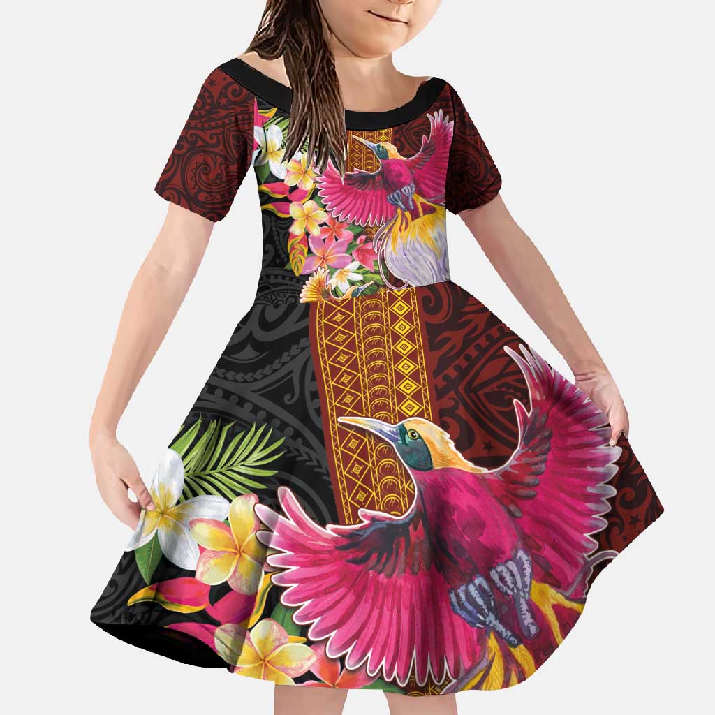 Papua New Guinea Birds and Frangipani Family Matching Off Shoulder Maxi Dress and Hawaiian Shirt Melanesian Art Tattoos LT03 Daughter's Dress Black - Polynesian Pride