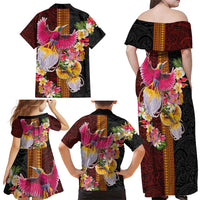 Papua New Guinea Birds and Frangipani Family Matching Off Shoulder Maxi Dress and Hawaiian Shirt Melanesian Art Tattoos LT03 - Polynesian Pride