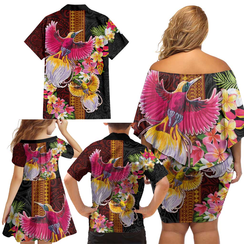 Papua New Guinea Birds and Frangipani Family Matching Off Shoulder Short Dress and Hawaiian Shirt Melanesian Art Tattoos LT03 - Polynesian Pride