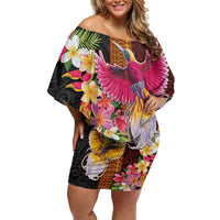 Papua New Guinea Birds and Frangipani Family Matching Off Shoulder Short Dress and Hawaiian Shirt Melanesian Art Tattoos LT03 Mom's Dress Black - Polynesian Pride