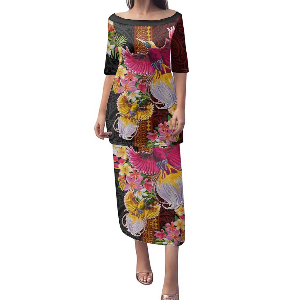 Papua New Guinea Birds and Frangipani Family Matching Puletasi and Hawaiian Shirt Melanesian Art Tattoos LT03 Mom's Dress Black - Polynesian Pride