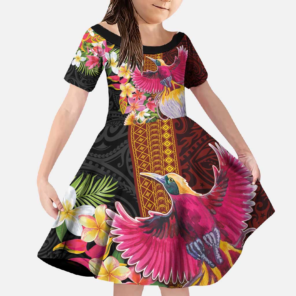 Papua New Guinea Birds and Frangipani Family Matching Short Sleeve Bodycon Dress and Hawaiian Shirt Melanesian Art Tattoos LT03 Daughter's Dress Black - Polynesian Pride