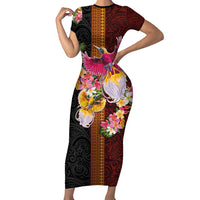 Papua New Guinea Birds and Frangipani Family Matching Short Sleeve Bodycon Dress and Hawaiian Shirt Melanesian Art Tattoos LT03 Mom's Dress Black - Polynesian Pride