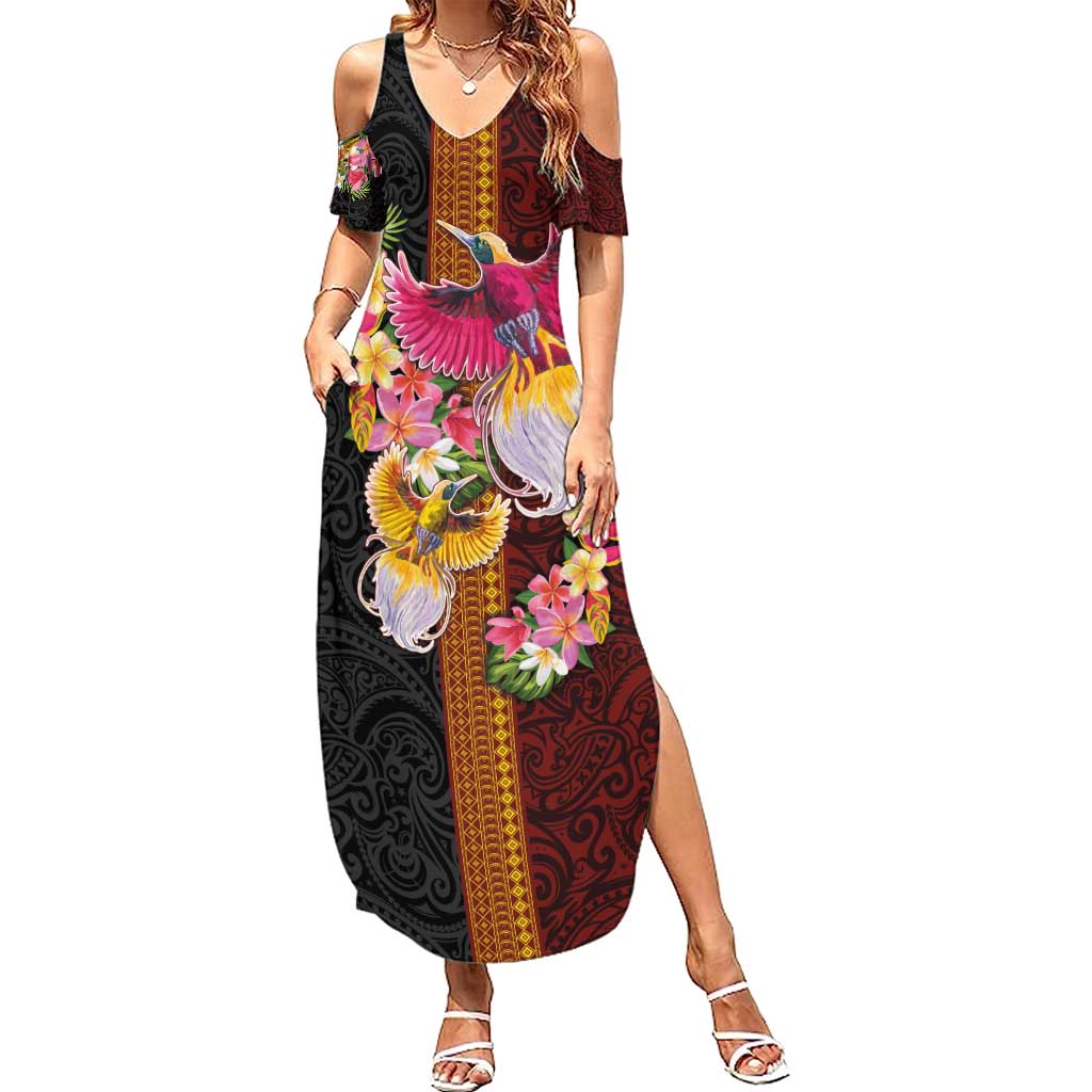 Papua New Guinea Birds and Frangipani Family Matching Summer Maxi Dress and Hawaiian Shirt Melanesian Art Tattoos LT03 Mom's Dress Black - Polynesian Pride