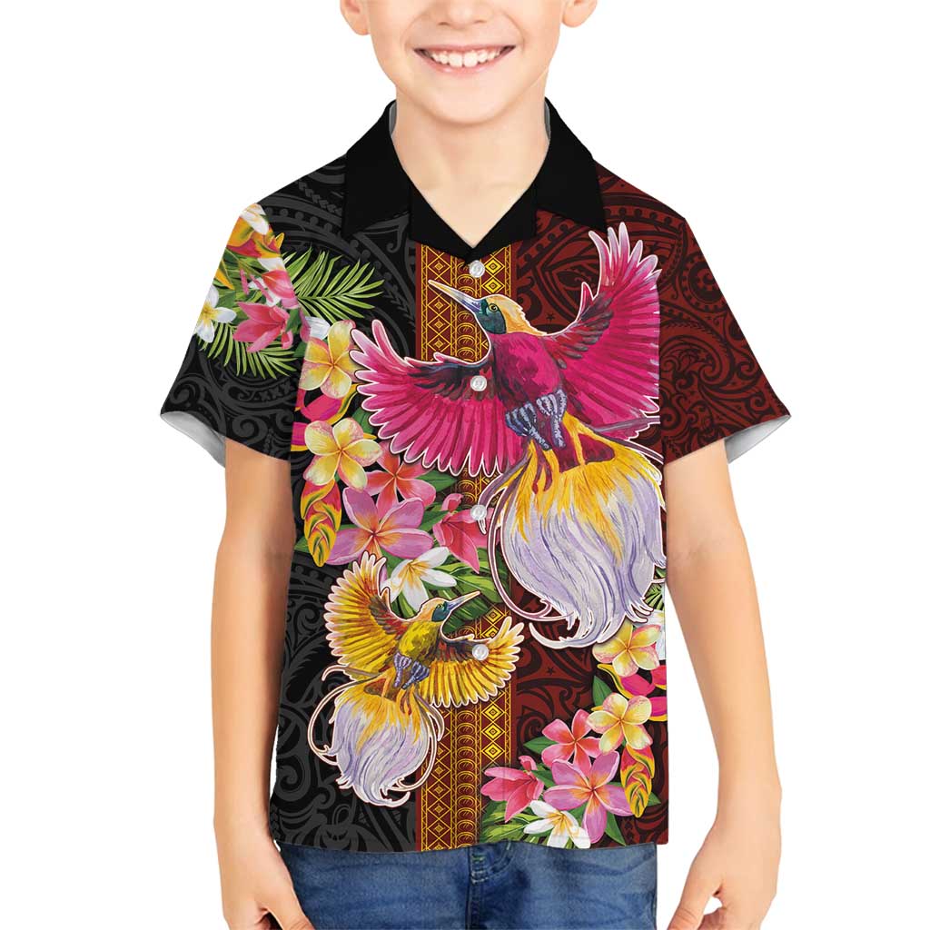 Papua New Guinea Birds and Frangipani Family Matching Tank Maxi Dress and Hawaiian Shirt Melanesian Art Tattoos LT03 Son's Shirt Black - Polynesian Pride