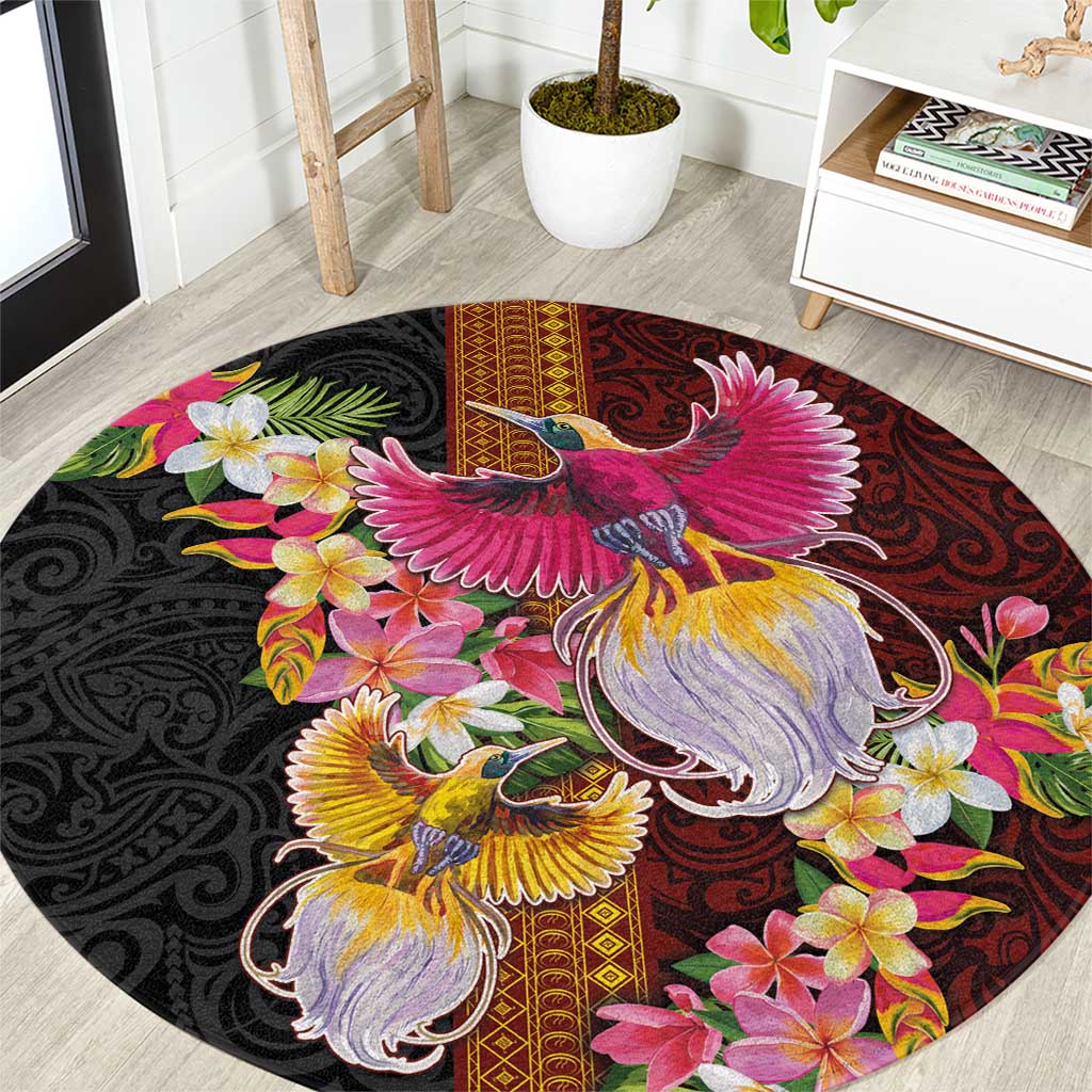 Papua New Guinea Birds and Frangipani Round Carpet Melanesian Art Tattoos LT03 Black - Polynesian Pride