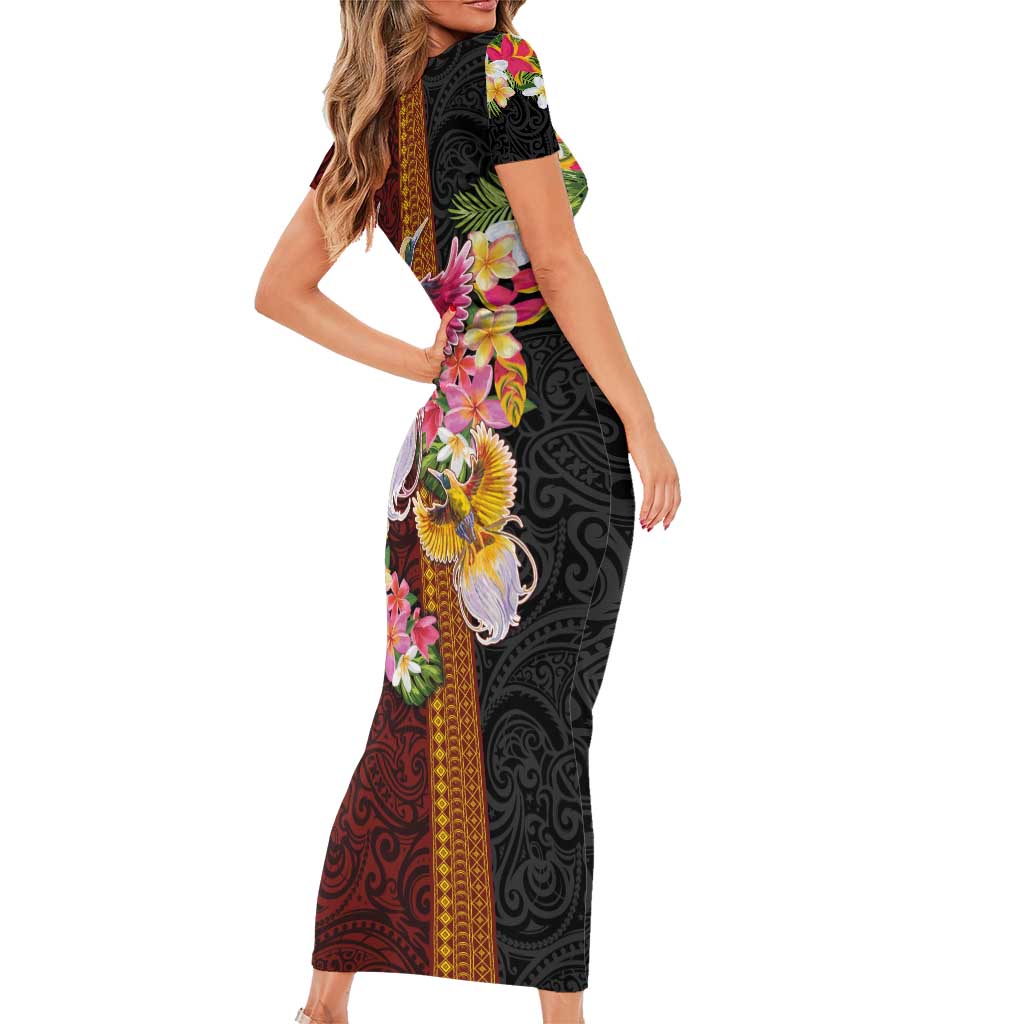 Papua New Guinea Birds and Frangipani Short Sleeve Bodycon Dress Melanesian Art Tattoos - Polynesian Pride