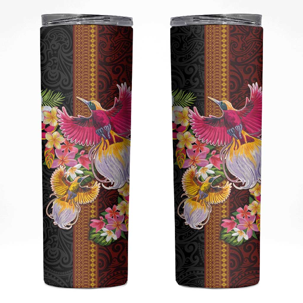 Papua New Guinea Birds and Frangipani Skinny Tumbler Melanesian Art Tattoos LT03 Black - Polynesian Pride