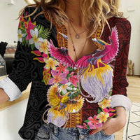 Papua New Guinea Birds and Frangipani Women Casual Shirt Melanesian Art Tattoos LT03 Female Black - Polynesian Pride