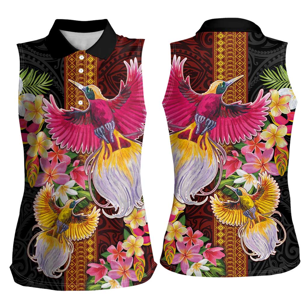 Papua New Guinea Birds and Frangipani Women Sleeveless Polo Shirt Melanesian Art Tattoos LT03 - Polynesian Pride