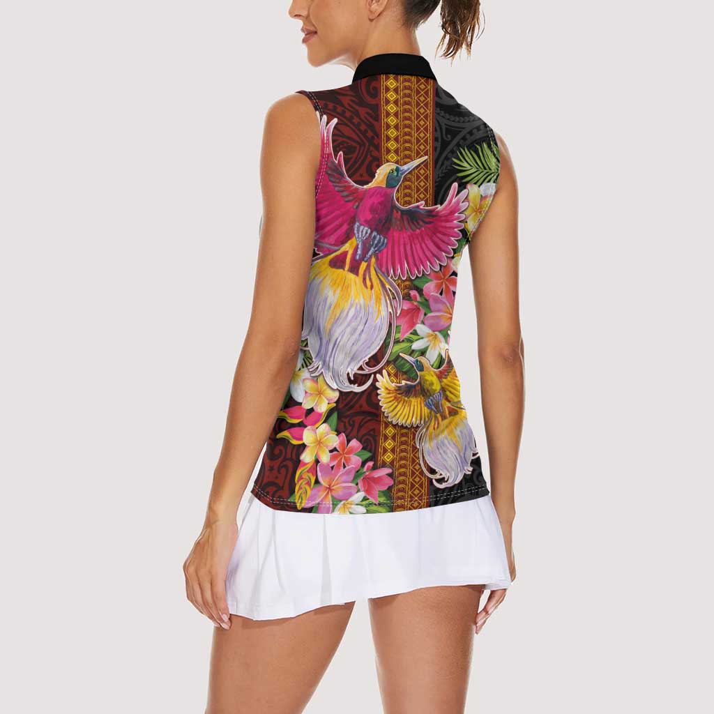 Papua New Guinea Birds and Frangipani Women Sleeveless Polo Shirt Melanesian Art Tattoos LT03 - Polynesian Pride