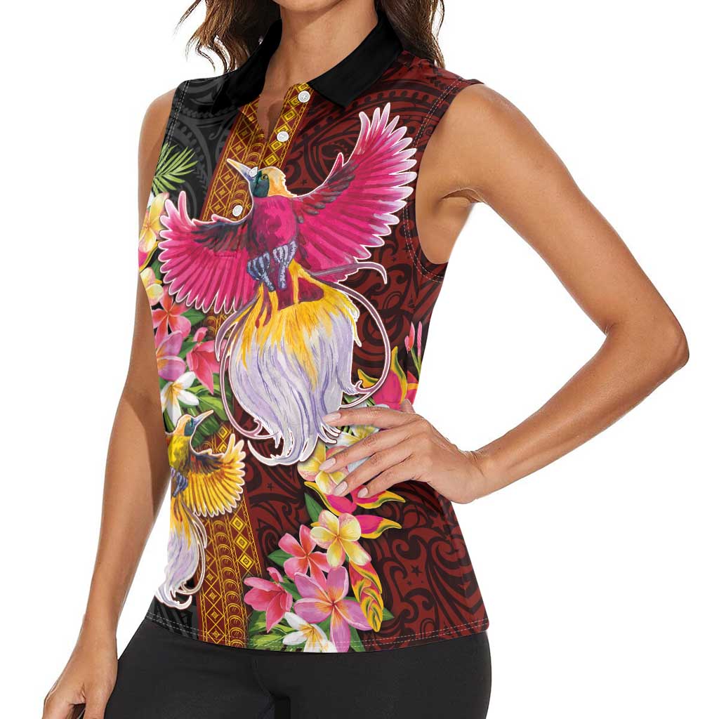 Papua New Guinea Birds and Frangipani Women Sleeveless Polo Shirt Melanesian Art Tattoos LT03 - Polynesian Pride