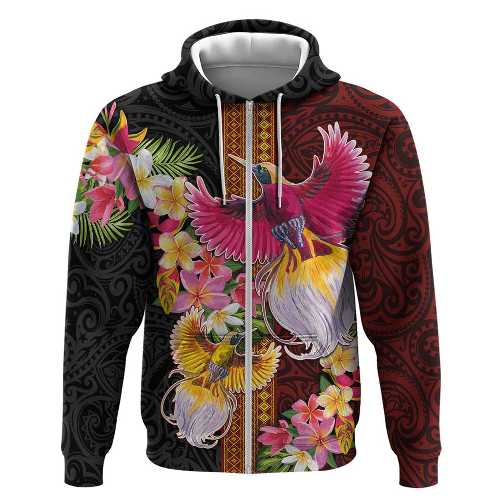 Papua New Guinea Birds and Frangipani Zip Hoodie Melanesian Art Tattoos LT03 Zip Hoodie Black - Polynesian Pride
