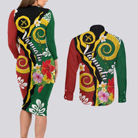 Melanesian Vanuatu Tribal Boar Tusk Couples Matching Long Sleeve Bodycon Dress and Long Sleeve Button Shirt Tropical Plants and Namele Motifs LT03 - Polynesian Pride