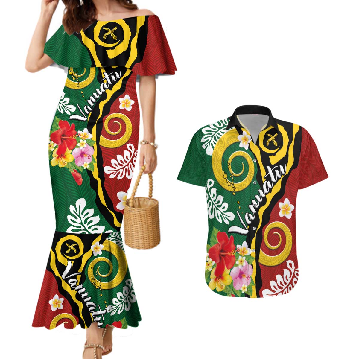 Melanesian Vanuatu Tribal Boar Tusk Couples Matching Mermaid Dress and Hawaiian Shirt Tropical Plants and Namele Motifs LT03 Green - Polynesian Pride