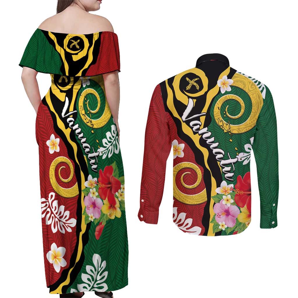Melanesian Vanuatu Tribal Boar Tusk Couples Matching Off Shoulder Maxi Dress and Long Sleeve Button Shirt Tropical Plants and Namele Motifs LT03 - Polynesian Pride