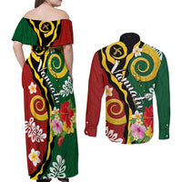 Melanesian Vanuatu Tribal Boar Tusk Couples Matching Off Shoulder Maxi Dress and Long Sleeve Button Shirt Tropical Plants and Namele Motifs LT03 - Polynesian Pride