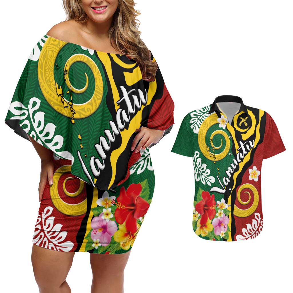 Melanesian Vanuatu Tribal Boar Tusk Couples Matching Off Shoulder Short Dress and Hawaiian Shirt Tropical Plants and Namele Motifs - Polynesian Pride