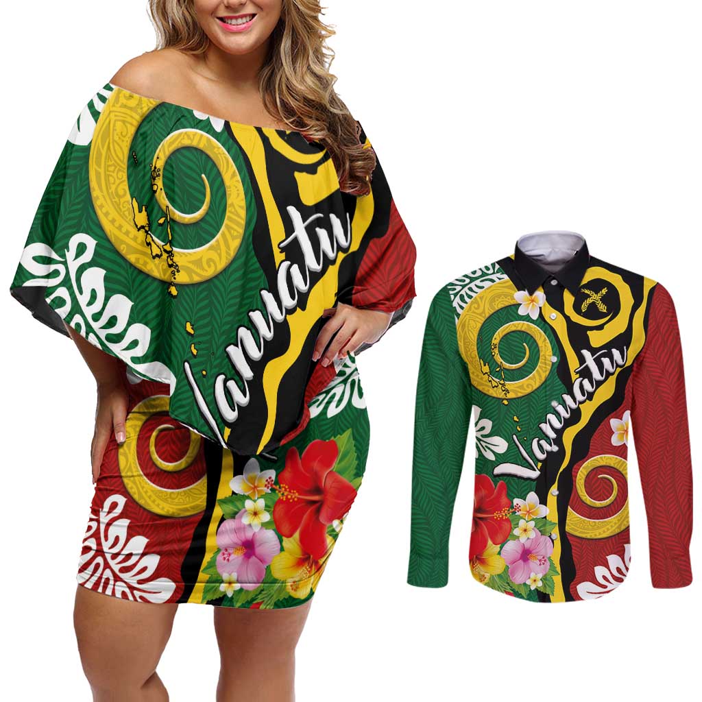 Melanesian Vanuatu Tribal Boar Tusk Couples Matching Off Shoulder Short Dress and Long Sleeve Button Shirt Tropical Plants and Namele Motifs LT03 Green - Polynesian Pride