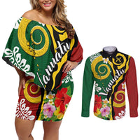 Melanesian Vanuatu Tribal Boar Tusk Couples Matching Off Shoulder Short Dress and Long Sleeve Button Shirt Tropical Plants and Namele Motifs LT03 Green - Polynesian Pride