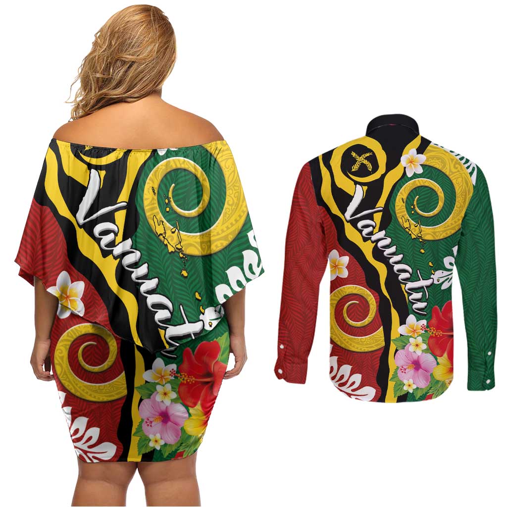 Melanesian Vanuatu Tribal Boar Tusk Couples Matching Off Shoulder Short Dress and Long Sleeve Button Shirt Tropical Plants and Namele Motifs LT03 - Polynesian Pride