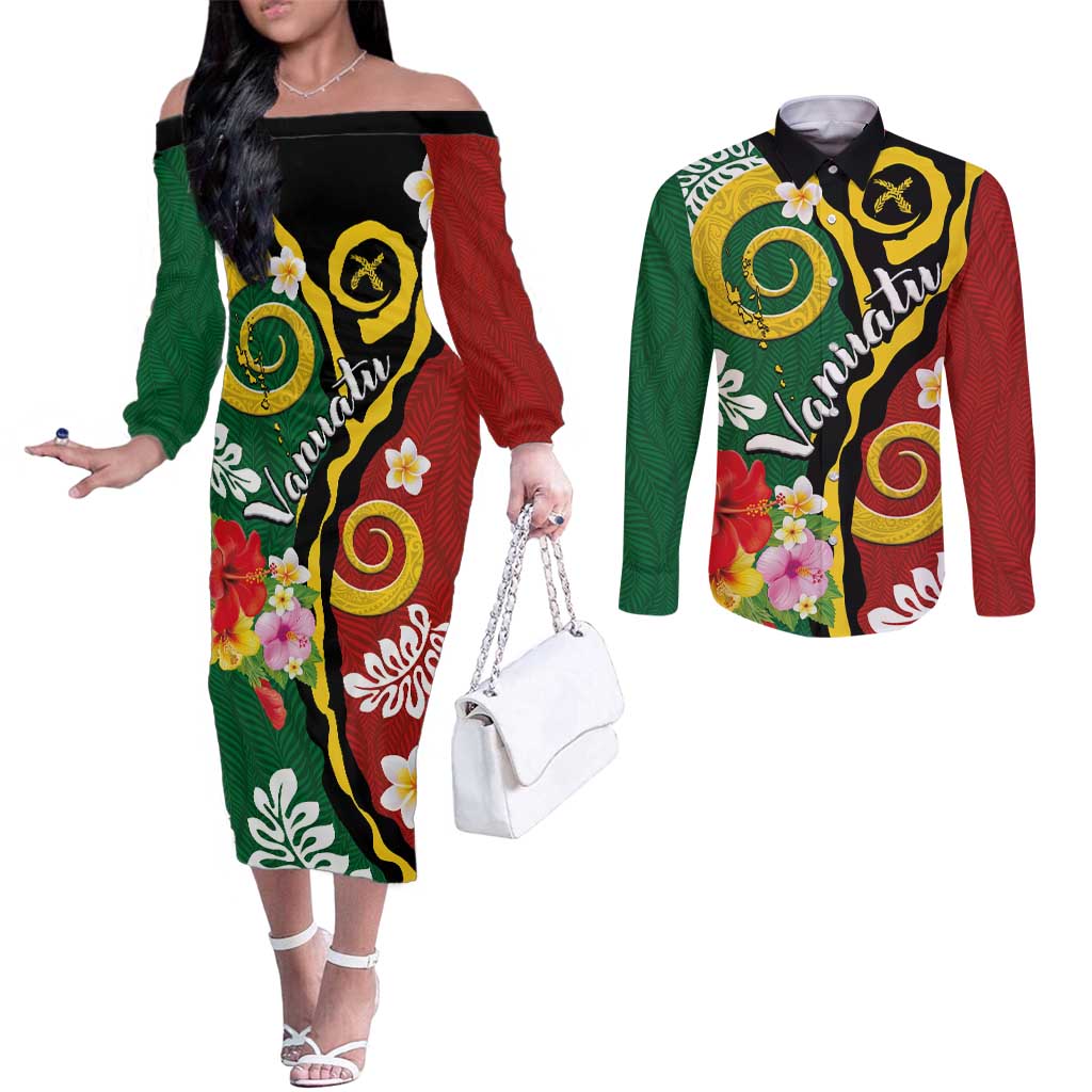 Melanesian Vanuatu Tribal Boar Tusk Couples Matching Off The Shoulder Long Sleeve Dress and Long Sleeve Button Shirt Tropical Plants and Namele Motifs - Polynesian Pride
