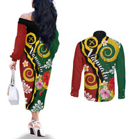 Melanesian Vanuatu Tribal Boar Tusk Couples Matching Off The Shoulder Long Sleeve Dress and Long Sleeve Button Shirt Tropical Plants and Namele Motifs LT03 - Polynesian Pride