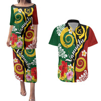 Melanesian Vanuatu Tribal Boar Tusk Couples Matching Puletasi and Hawaiian Shirt Tropical Plants and Namele Motifs LT03 Green - Polynesian Pride