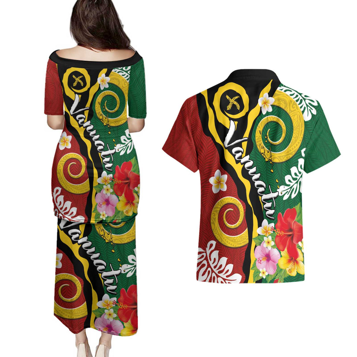 Melanesian Vanuatu Tribal Boar Tusk Couples Matching Puletasi and Hawaiian Shirt Tropical Plants and Namele Motifs LT03 - Polynesian Pride