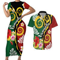 Melanesian Vanuatu Tribal Boar Tusk Couples Matching Short Sleeve Bodycon Dress and Hawaiian Shirt Tropical Plants and Namele Motifs LT03 Green - Polynesian Pride