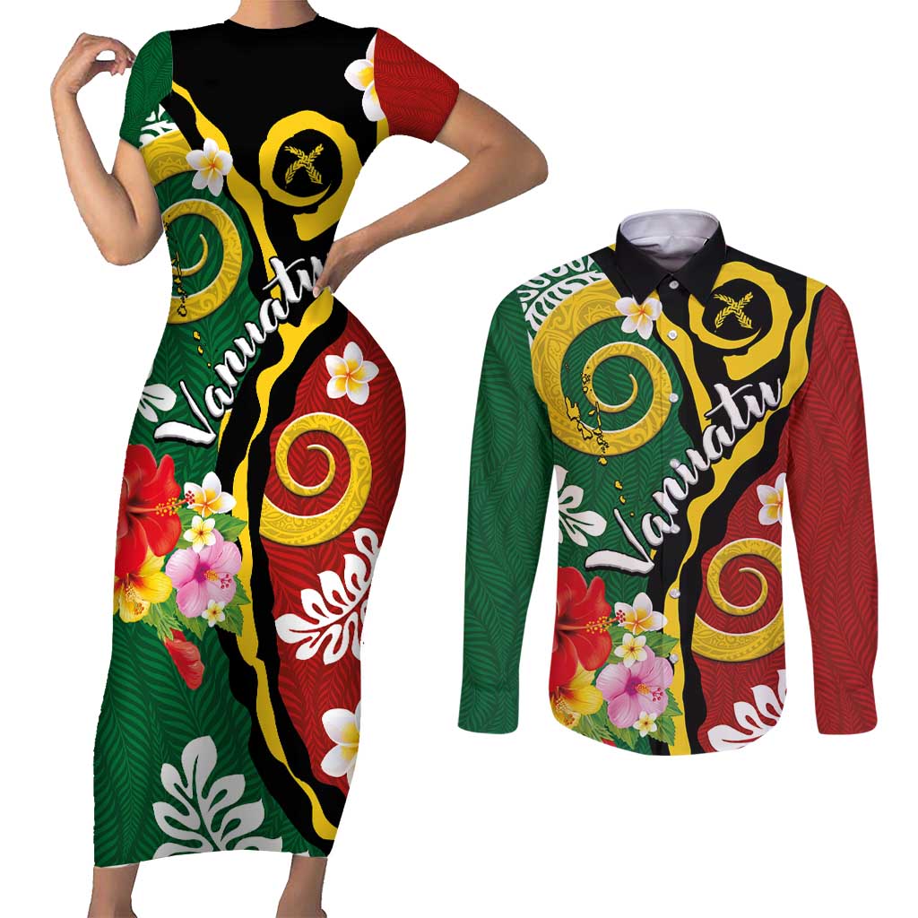 Melanesian Vanuatu Tribal Boar Tusk Couples Matching Short Sleeve Bodycon Dress and Long Sleeve Button Shirt Tropical Plants and Namele Motifs LT03 Green - Polynesian Pride