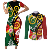 Melanesian Vanuatu Tribal Boar Tusk Couples Matching Short Sleeve Bodycon Dress and Long Sleeve Button Shirt Tropical Plants and Namele Motifs LT03 Green - Polynesian Pride