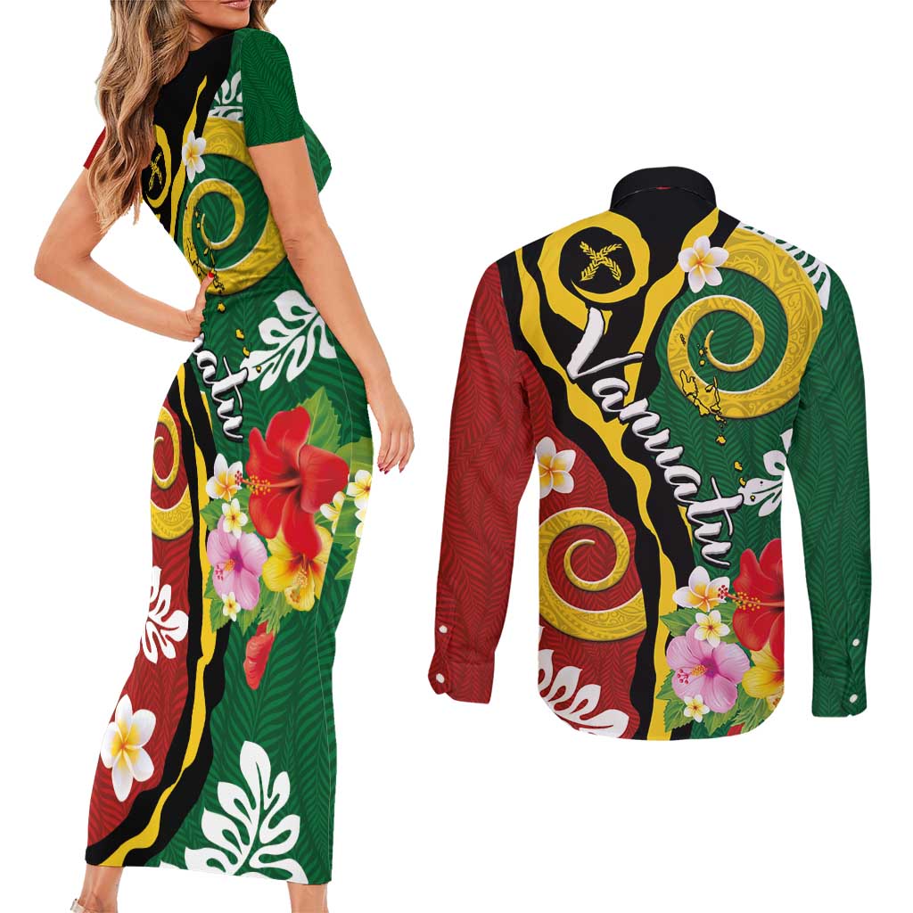 Melanesian Vanuatu Tribal Boar Tusk Couples Matching Short Sleeve Bodycon Dress and Long Sleeve Button Shirt Tropical Plants and Namele Motifs LT03 - Polynesian Pride