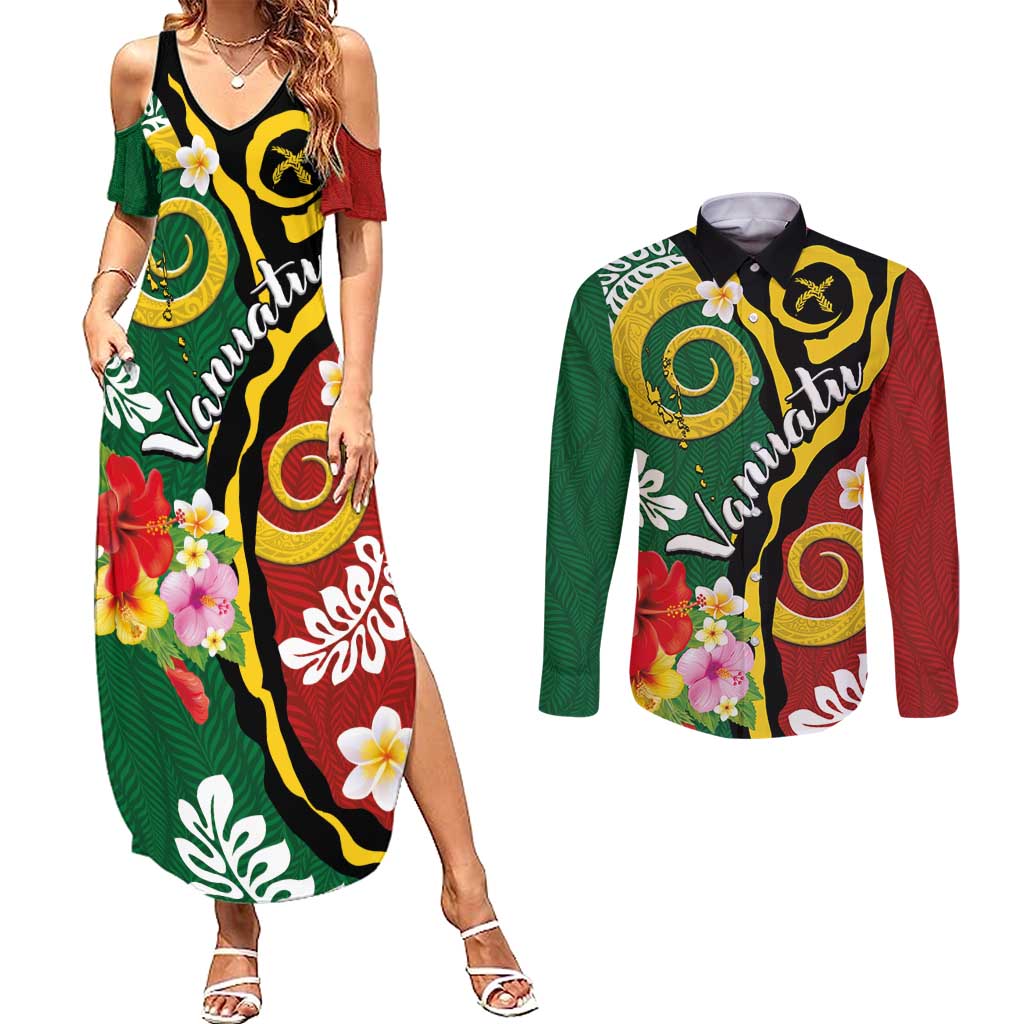 Melanesian Vanuatu Tribal Boar Tusk Couples Matching Summer Maxi Dress and Long Sleeve Button Shirt Tropical Plants and Namele Motifs LT03 Green - Polynesian Pride