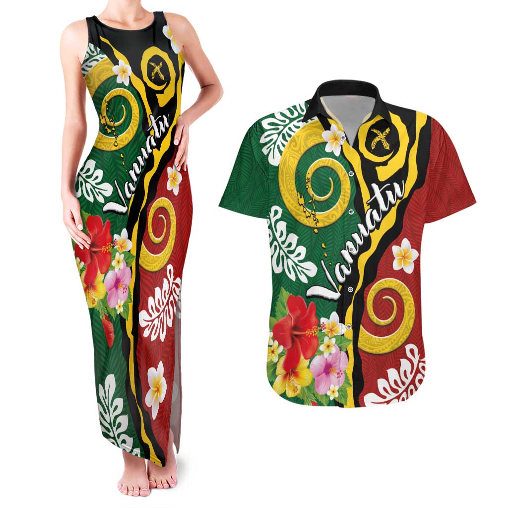 Melanesian Vanuatu Tribal Boar Tusk Couples Matching Tank Maxi Dress and Hawaiian Shirt Tropical Plants and Namele Motifs LT03 Green - Polynesian Pride