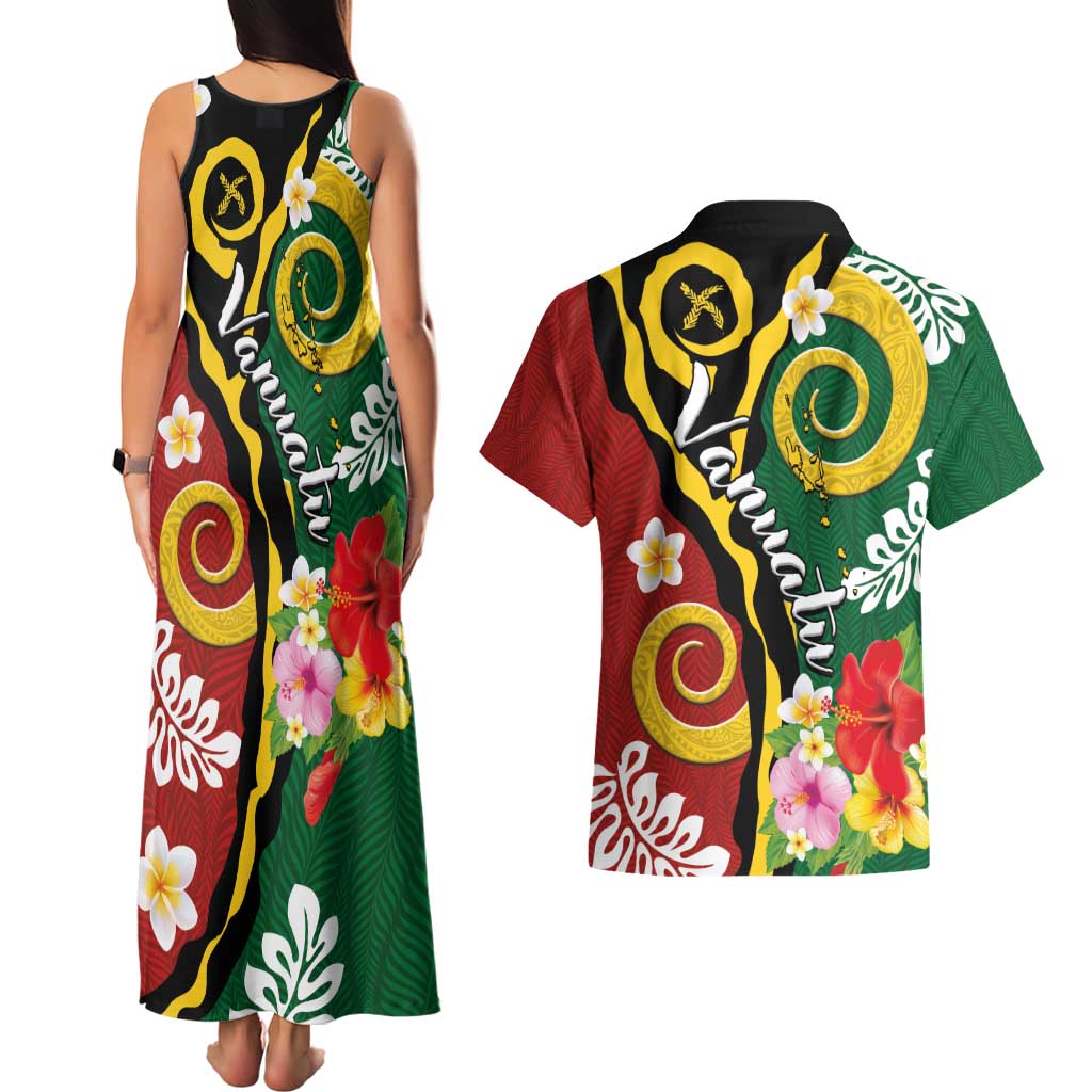 Melanesian Vanuatu Tribal Boar Tusk Couples Matching Tank Maxi Dress and Hawaiian Shirt Tropical Plants and Namele Motifs LT03 - Polynesian Pride