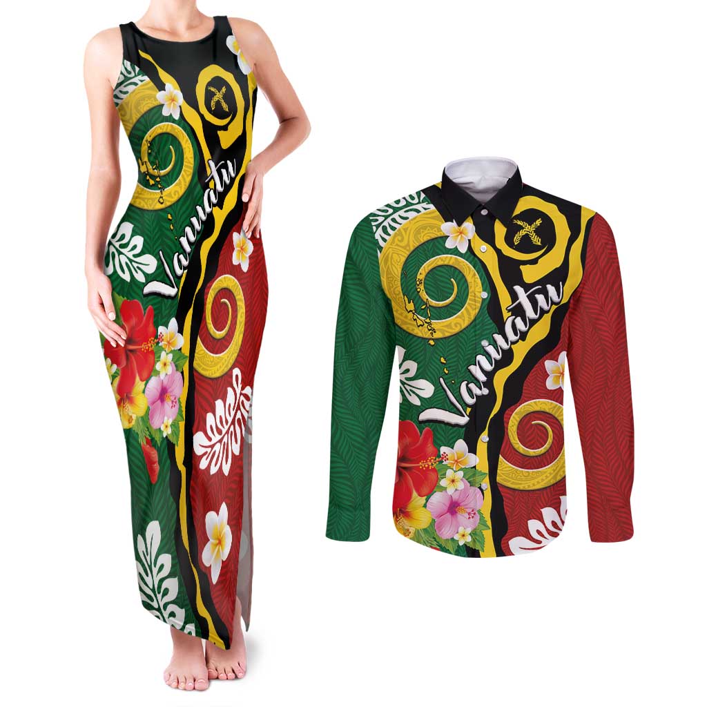 Melanesian Vanuatu Tribal Boar Tusk Couples Matching Tank Maxi Dress and Long Sleeve Button Shirt Tropical Plants and Namele Motifs LT03 Green - Polynesian Pride