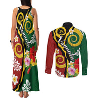 Melanesian Vanuatu Tribal Boar Tusk Couples Matching Tank Maxi Dress and Long Sleeve Button Shirt Tropical Plants and Namele Motifs LT03 - Polynesian Pride
