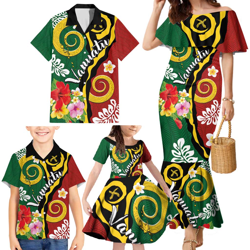 Melanesian Vanuatu Tribal Boar Tusk Family Matching Mermaid Dress and Hawaiian Shirt Tropical Plants and Namele Motifs LT03 - Polynesian Pride