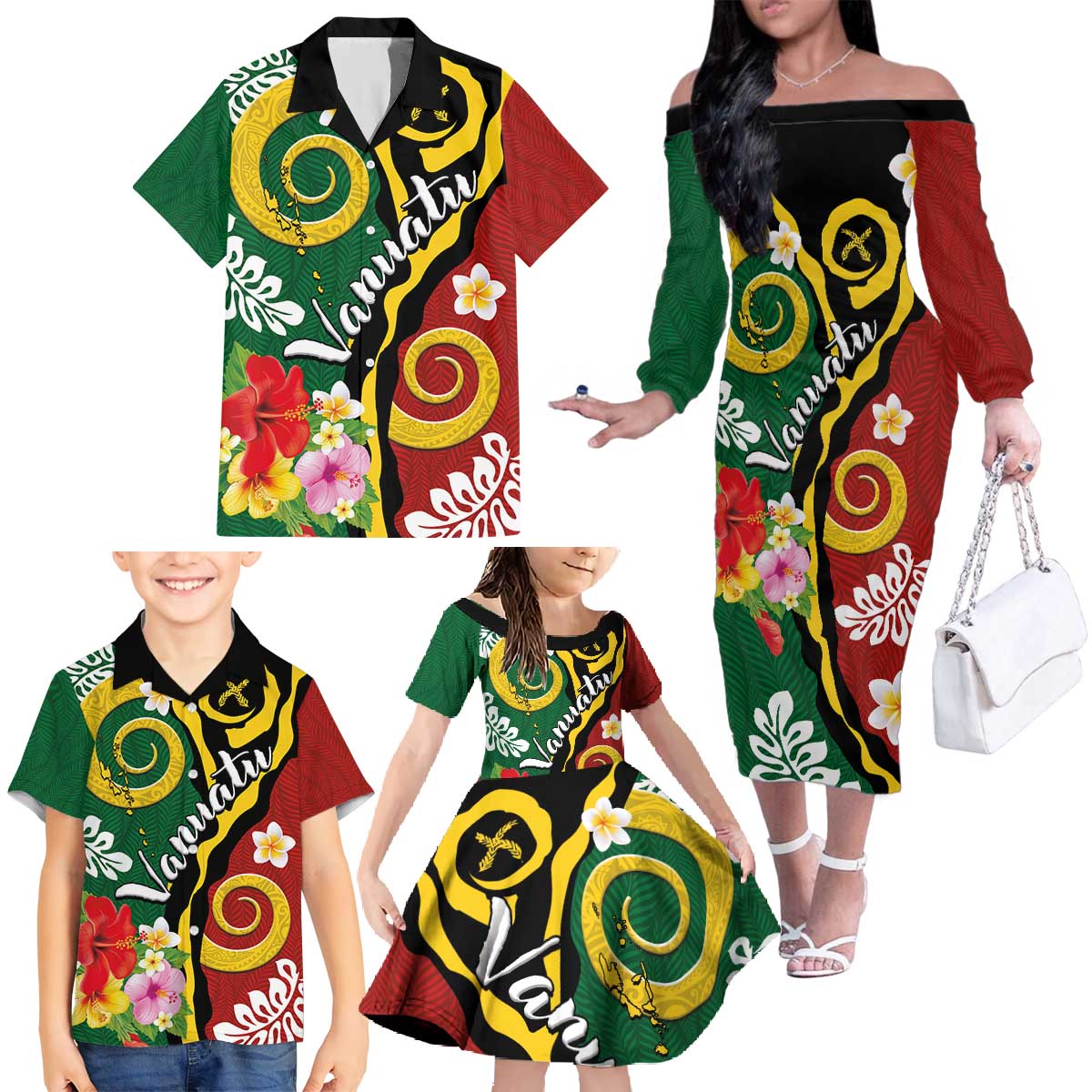 Melanesian Vanuatu Tribal Boar Tusk Family Matching Off The Shoulder Long Sleeve Dress and Hawaiian Shirt Tropical Plants and Namele Motifs LT03 - Polynesian Pride