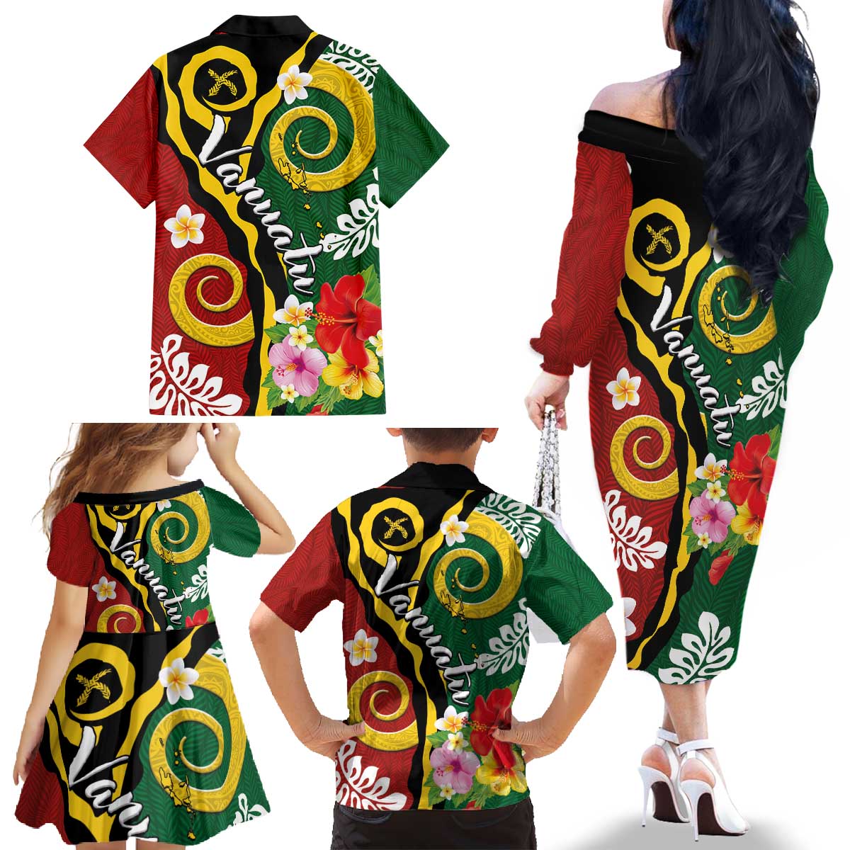 Melanesian Vanuatu Tribal Boar Tusk Family Matching Off The Shoulder Long Sleeve Dress and Hawaiian Shirt Tropical Plants and Namele Motifs LT03 - Polynesian Pride